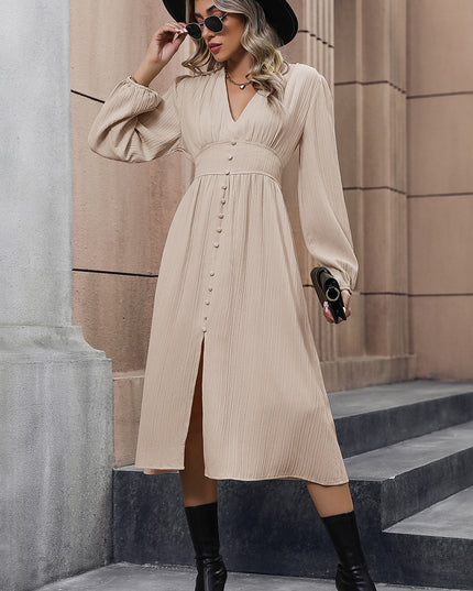 Perfee V-Neck Buttoned Slit Dress 