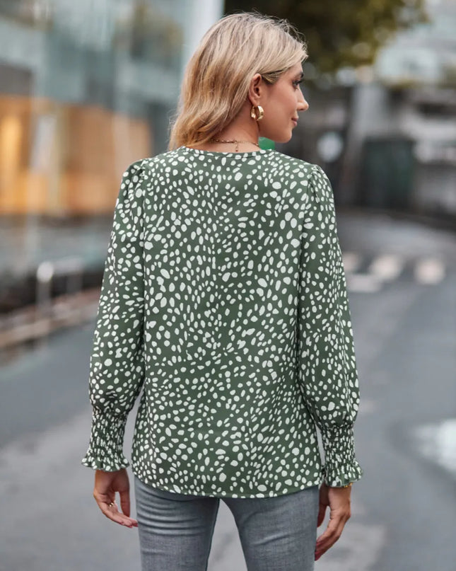 Printed V-Neck Lantern Sleeve Blouse