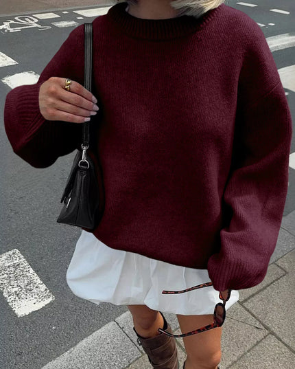 Ribbed Round Neck Dropped Shoulder Sweater