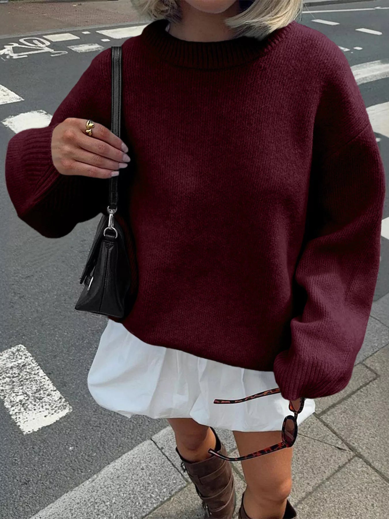 Ribbed Round Neck Dropped Shoulder Sweater