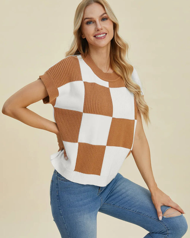 Double Take Full Size Checkered Round Neck Short Sleeve Sweater Camel
