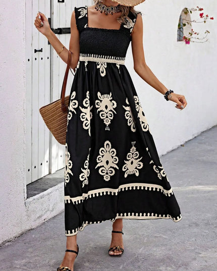 Smocked Printed Wide Strap Maxi Dress 