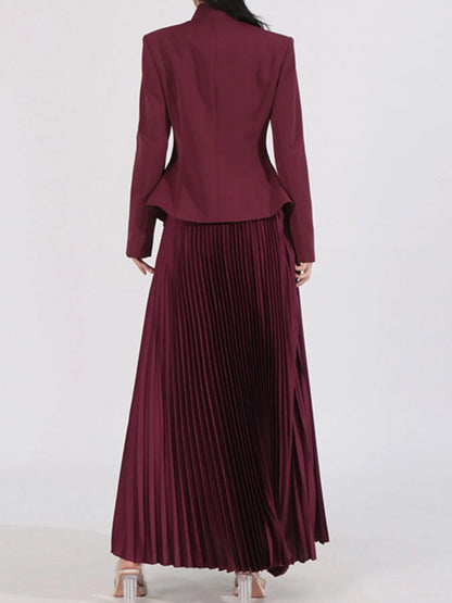 Button Up Long Sleeve Top and Pleated Skirt Set