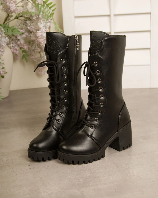 Lace Up Block Heels Boots Black