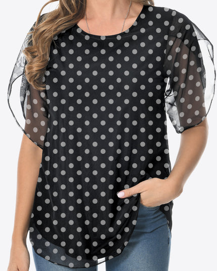 Printed Round Neck Curved Hem Blouse Black
