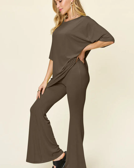 Double Take Full Size Round Neck Drop Shoulder T-Shirt and Flare Pants Set