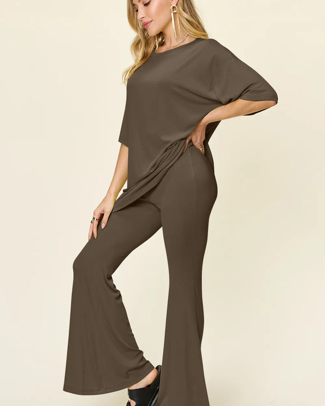 Double Take Full Size Round Neck Drop Shoulder T-Shirt and Flare Pants Set