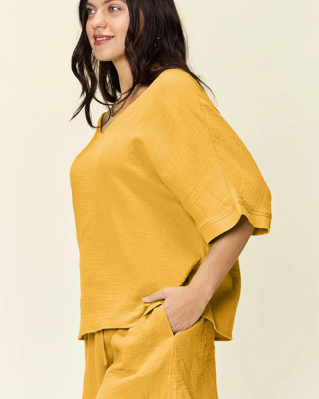 Double Take Texture Half Sleeve T-Shirt and Drawstring Shorts Set