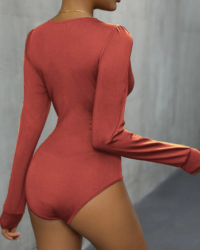 Perfee Lace Detail Plunge Long Sleeve Bodysuit