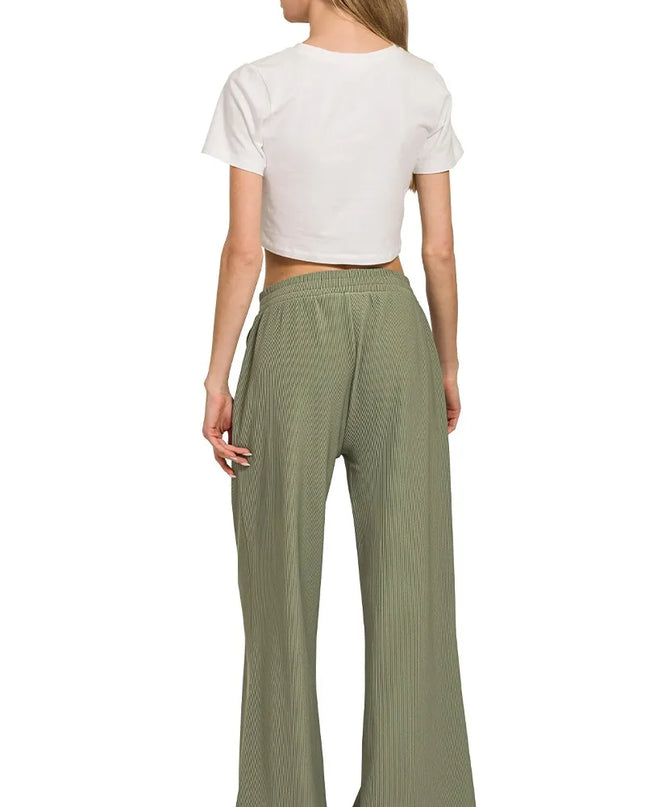 Zenana Ribbed High Neck Half Zip Pullover & Pants Set