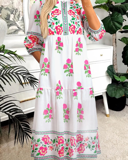 Floral Print Half Button Mandarin Neck 3/4 Sleeve Maxi Dress White