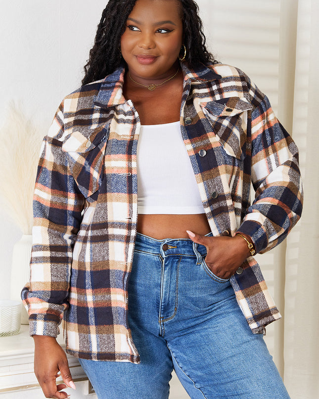 Double Take Plaid Button Front Shirt Jacket with Breast Pockets