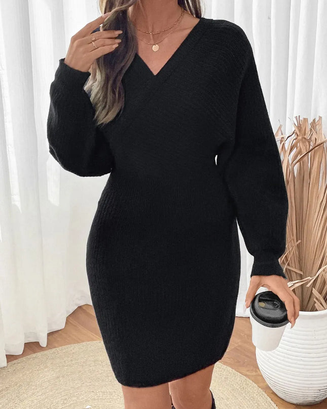 Perfee Surplice Long Sleeve Sweater Dress