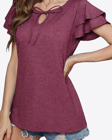 Tie-Neck Layered Flutter Sleeve Blouse