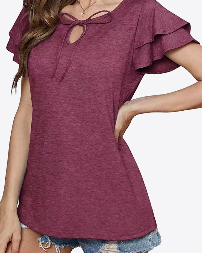 Tie-Neck Layered Flutter Sleeve Blouse