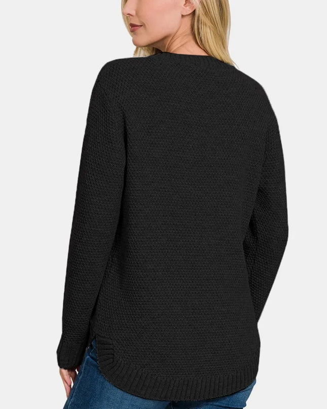 Zenana Full Size Round Neck Long Sleeve Curved Hem Sweater