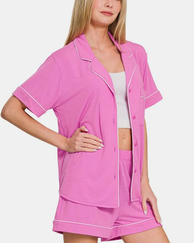 Zenana Button Down Short Sleeve Top and Shorts Lounge Set