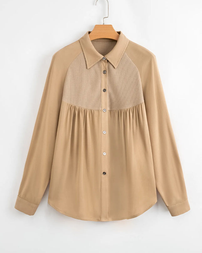 Waffle Patchwork Button Up Frayed Hem Shirt