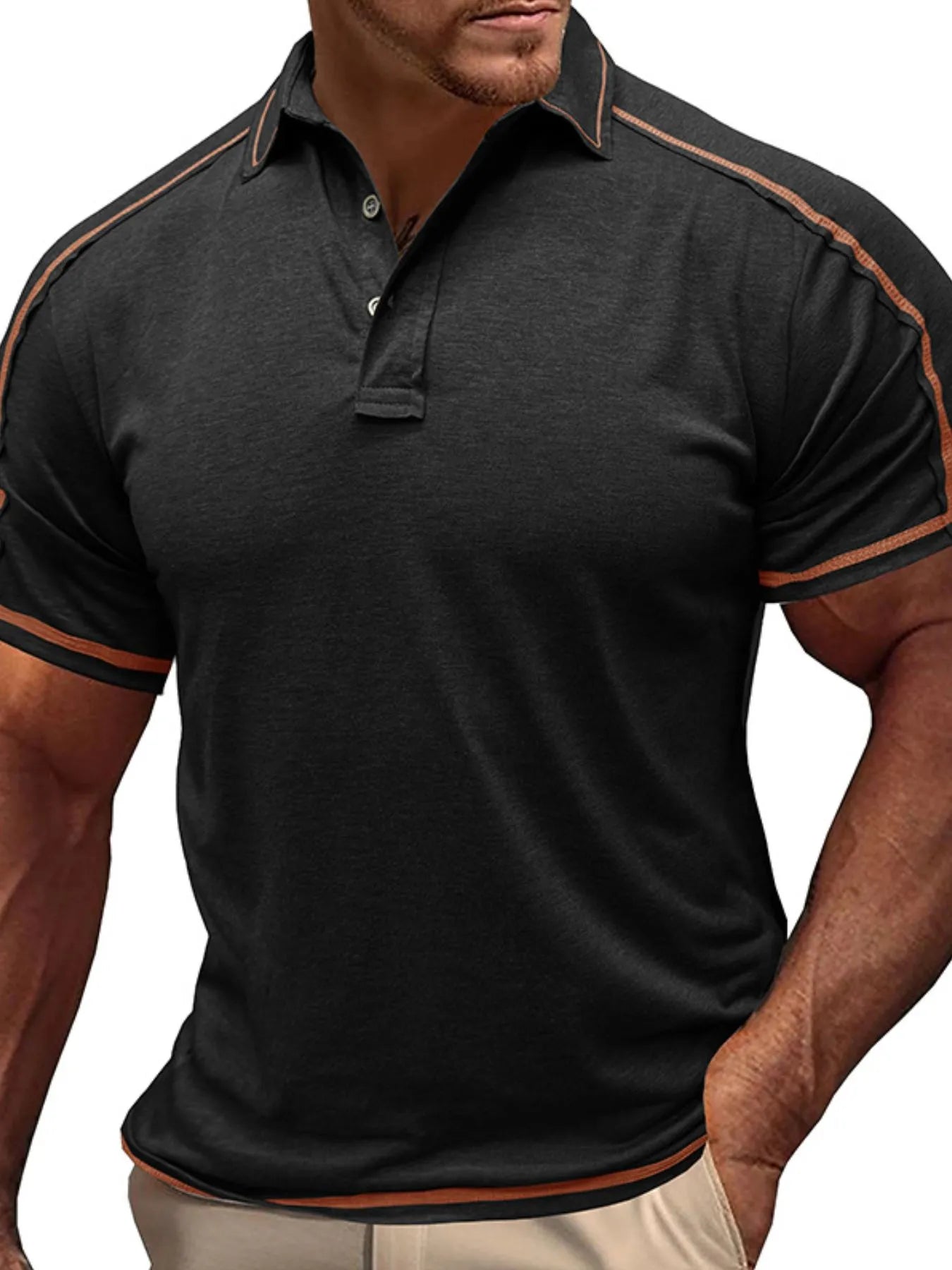 Men's Collared Neck Polo Shirt with Contrast Piping Black