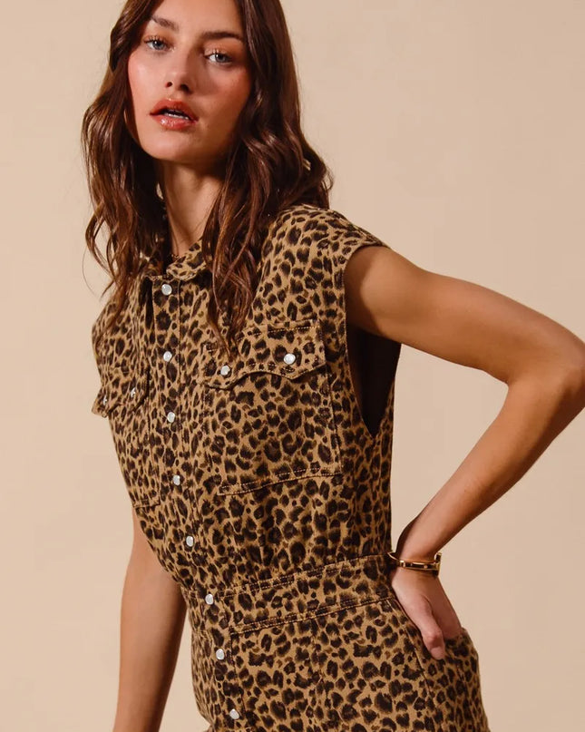 SO ME Wide Leg Leopard Twill Overalls Jumpsuit with Tuck