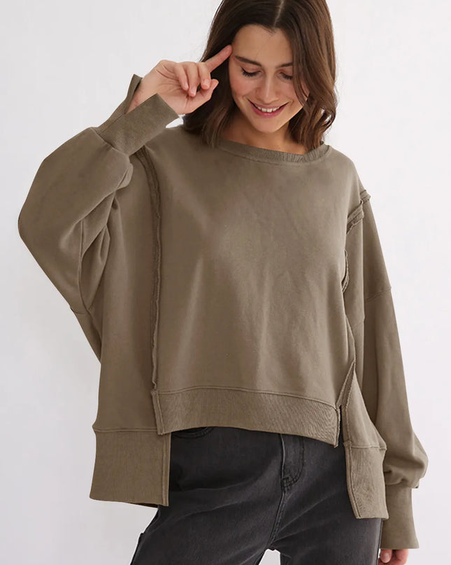 Exposed Seam High-Low Long Sleeve Sweatshirt