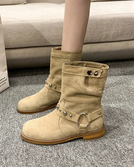 Studded Suede Mid-Calf Harness Boots