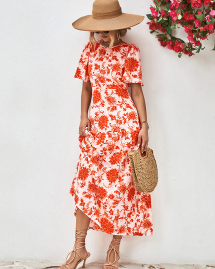 Floral Round Neck Tied Open Back Dress