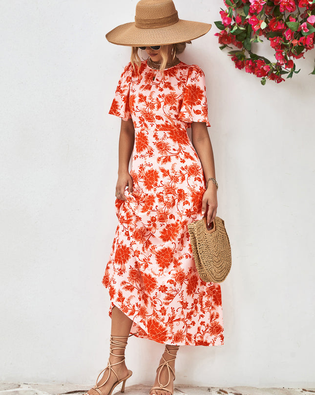 Floral Round Neck Tied Open Back Dress