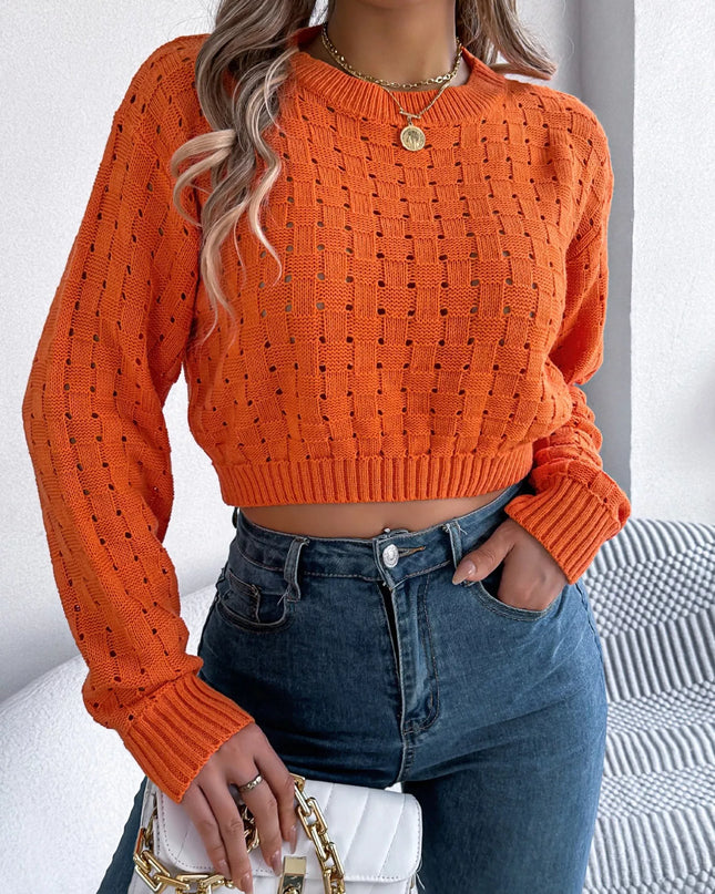 Cutout Back Openwork Round Neck Long Sleeve Sweater