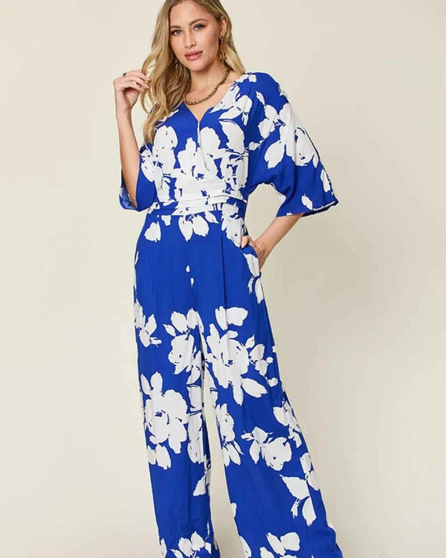 Double Take Full Size Printed Tie Back Wide Leg Jumpsuit