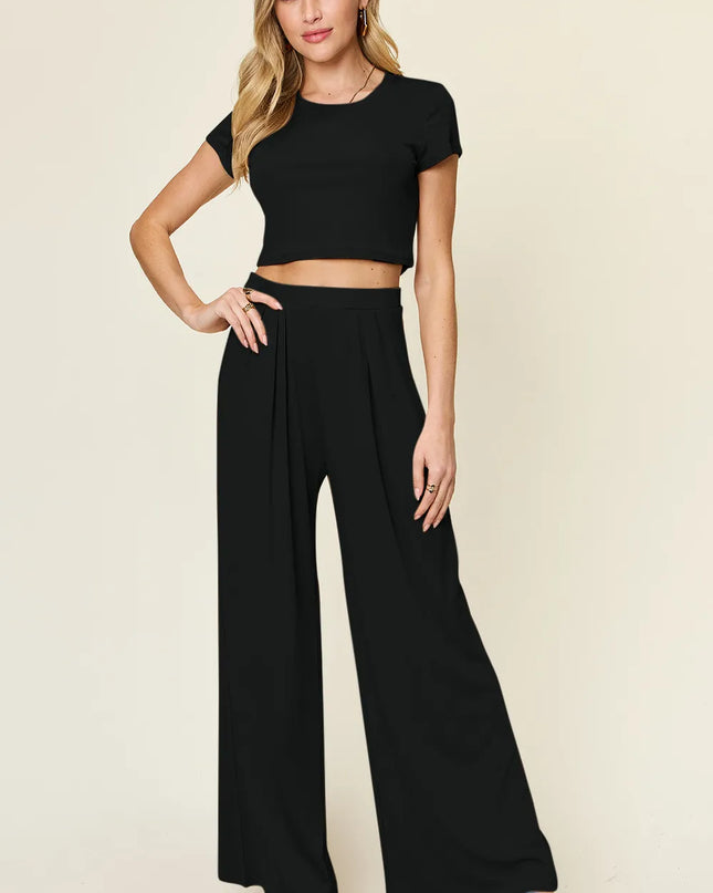 Double Take Full Size Round Neck Top and Pants Set Black