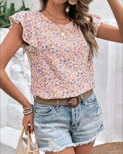 Ditsy Floral Round Neck Cap Sleeve Top