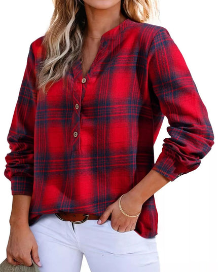 Plaid Half Button Long Sleeve Blouse