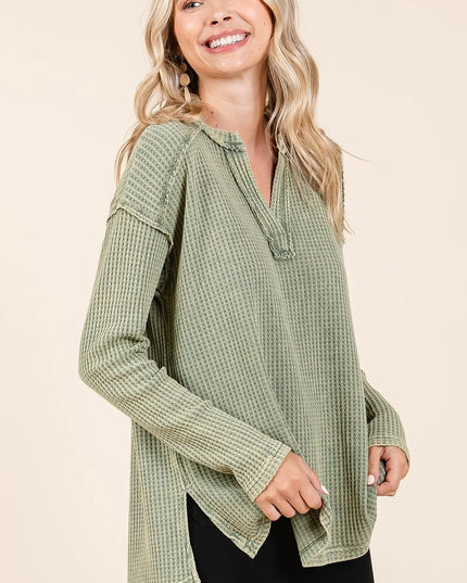 Mittoshop Mineral Wash Waffle Knit V-Neck Long Sleeve Top