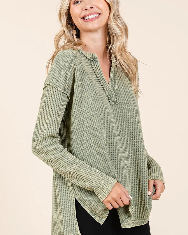 Mittoshop Mineral Wash Waffle Knit V-Neck Long Sleeve Top