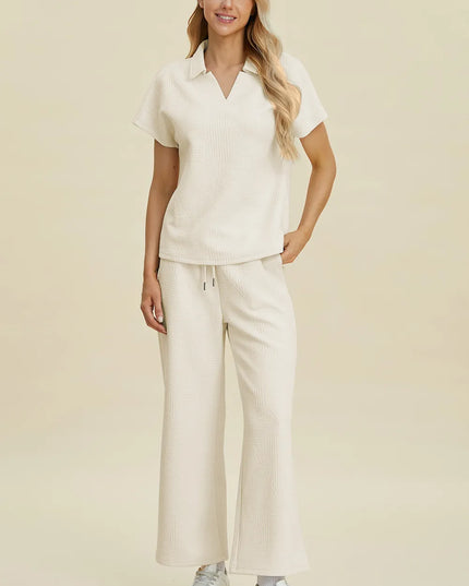 Double Take Full Size Collared Neck Short Sleeve Top and Pants Set Cream