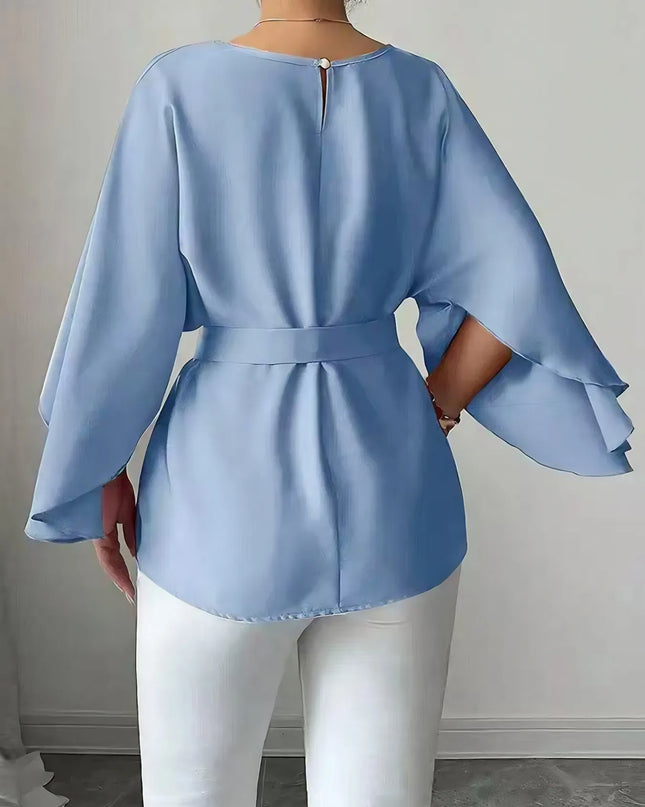 Belted Round Neck Flutter Sleeves Blouse