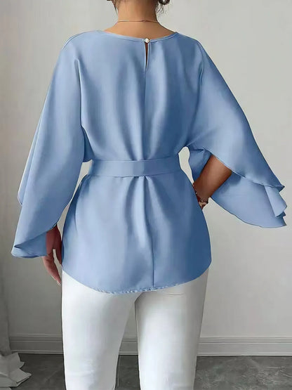 Belted Round Neck Flutter Sleeves Blouse