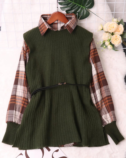 Plaid Long Sleeve Sweater Dress Green One Size