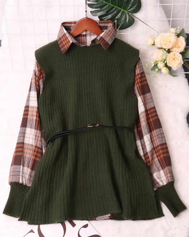 Plaid Long Sleeve Sweater Dress Green One Size