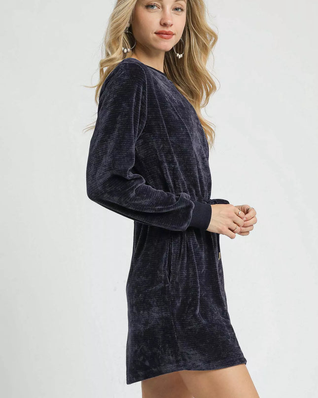 Umgee Velour Drawstring Mini Dress with Long Sleeves