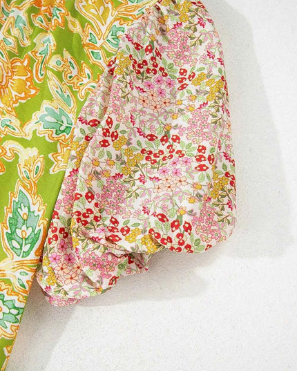 Multicolour Printed Contrast Bubble Sleeve Patchwork Blouse