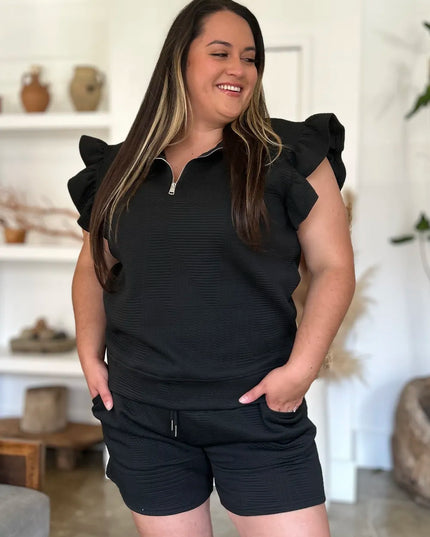 Double Take Full Size Texture Flounce Sleeve Top and Shorts Set