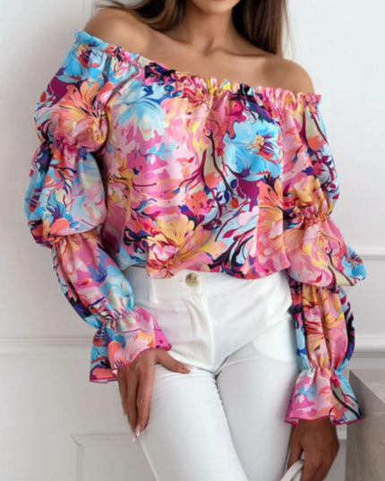 Off-Shoulder Floral Ruffle Blouse with Elastic Neckline