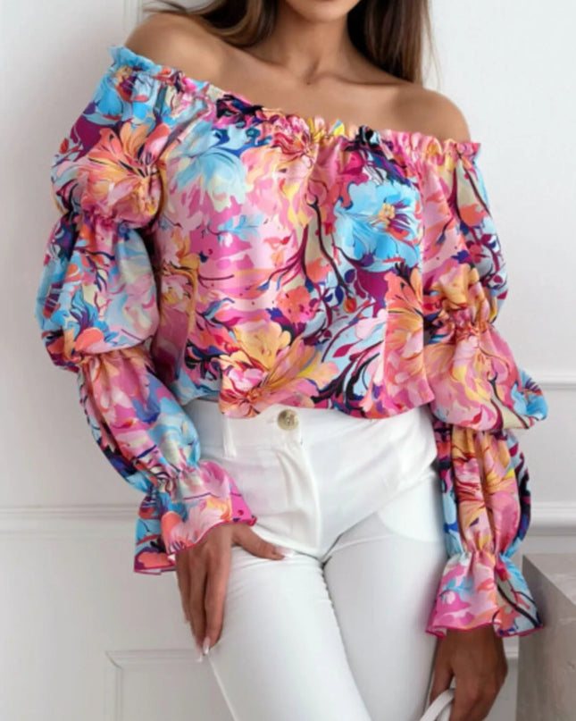 Off-Shoulder Floral Ruffle Blouse with Elastic Neckline