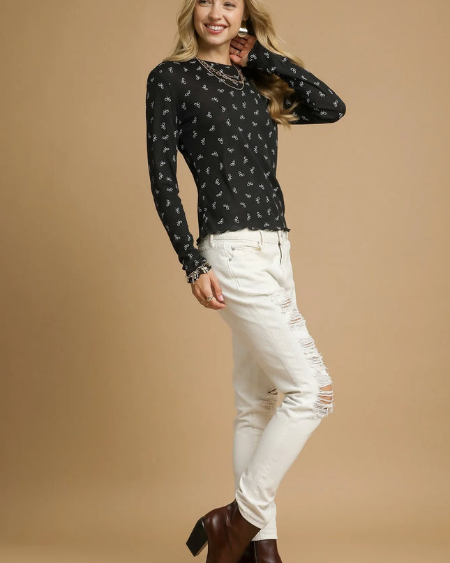 Umgee Bow Print Lightweight Knit Top