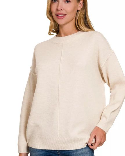 Zenana Melange Front Seam Round-Neck Sweater SAND BEIGE