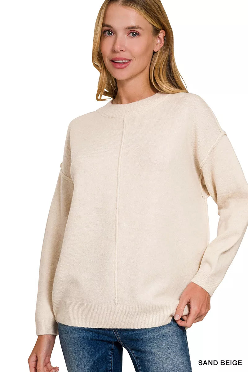 Zenana Melange Front Seam Round-Neck Sweater SAND BEIGE