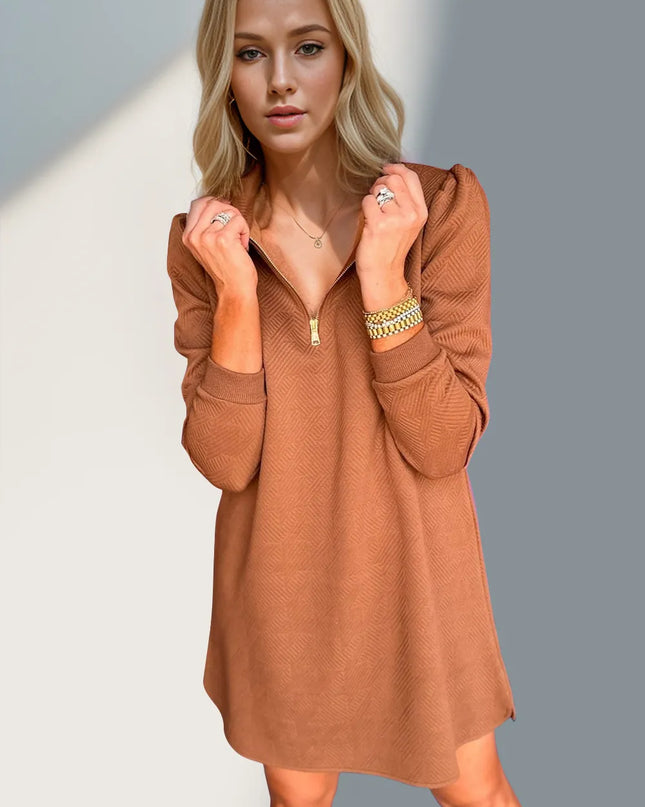 Double Take Textured Quarter Zip Long Sleeve Dress