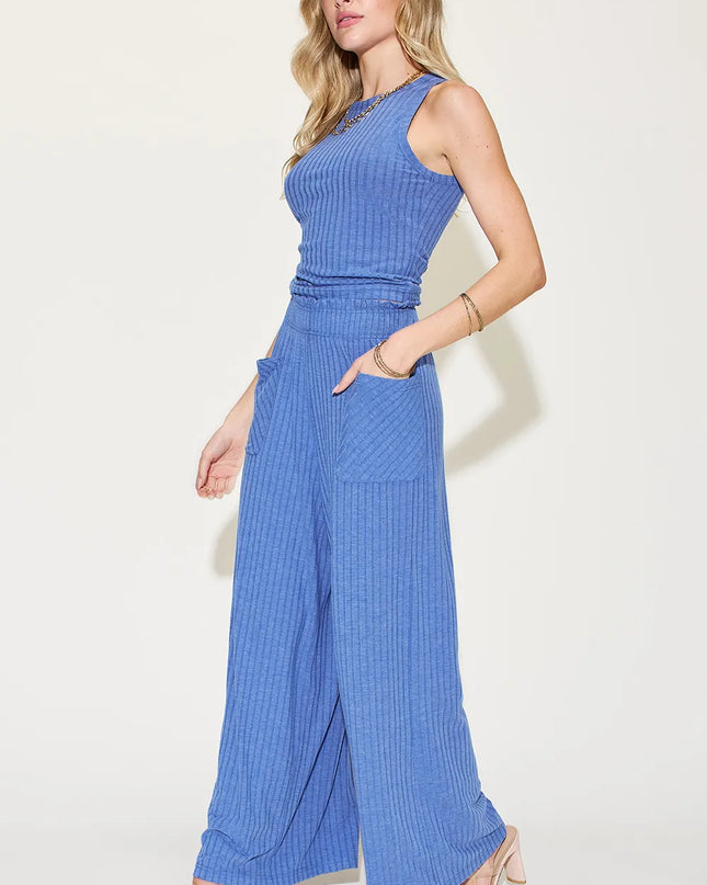 Basic Bae Full Size Ribbed Tank and Wide Leg Pants Set